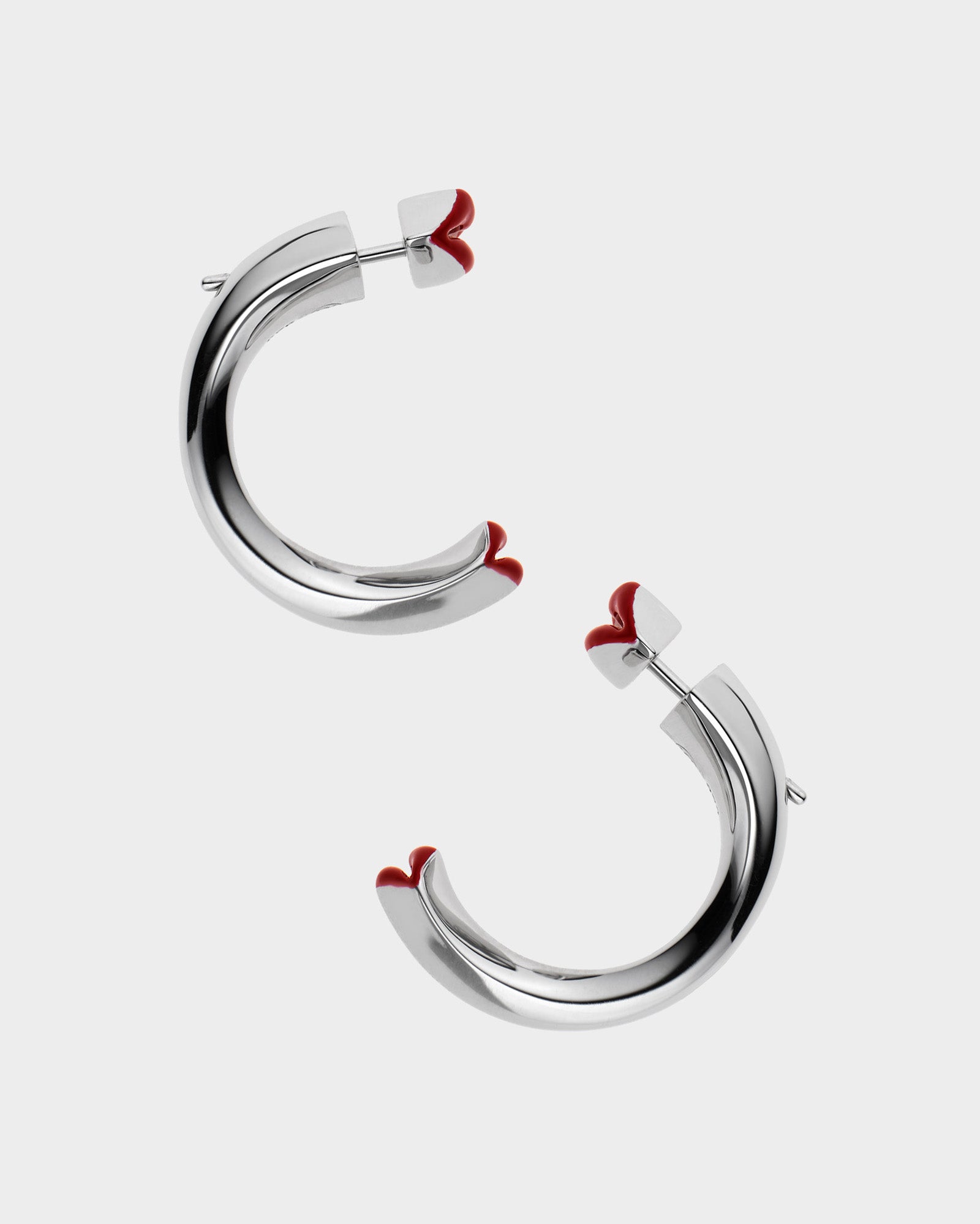 Silver Opaque Red Kiss Hoop Earrings