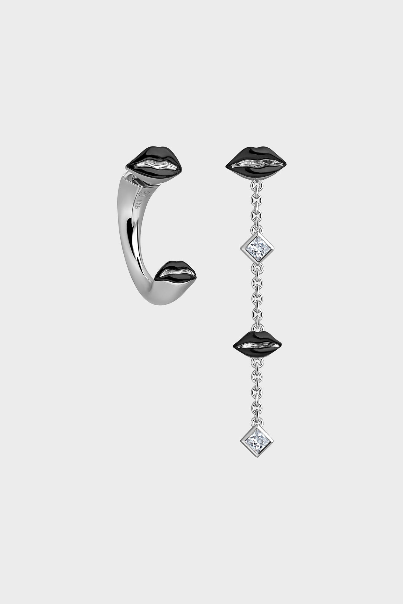 Silver Opaque Black Asymmetrical Kiss Earrings