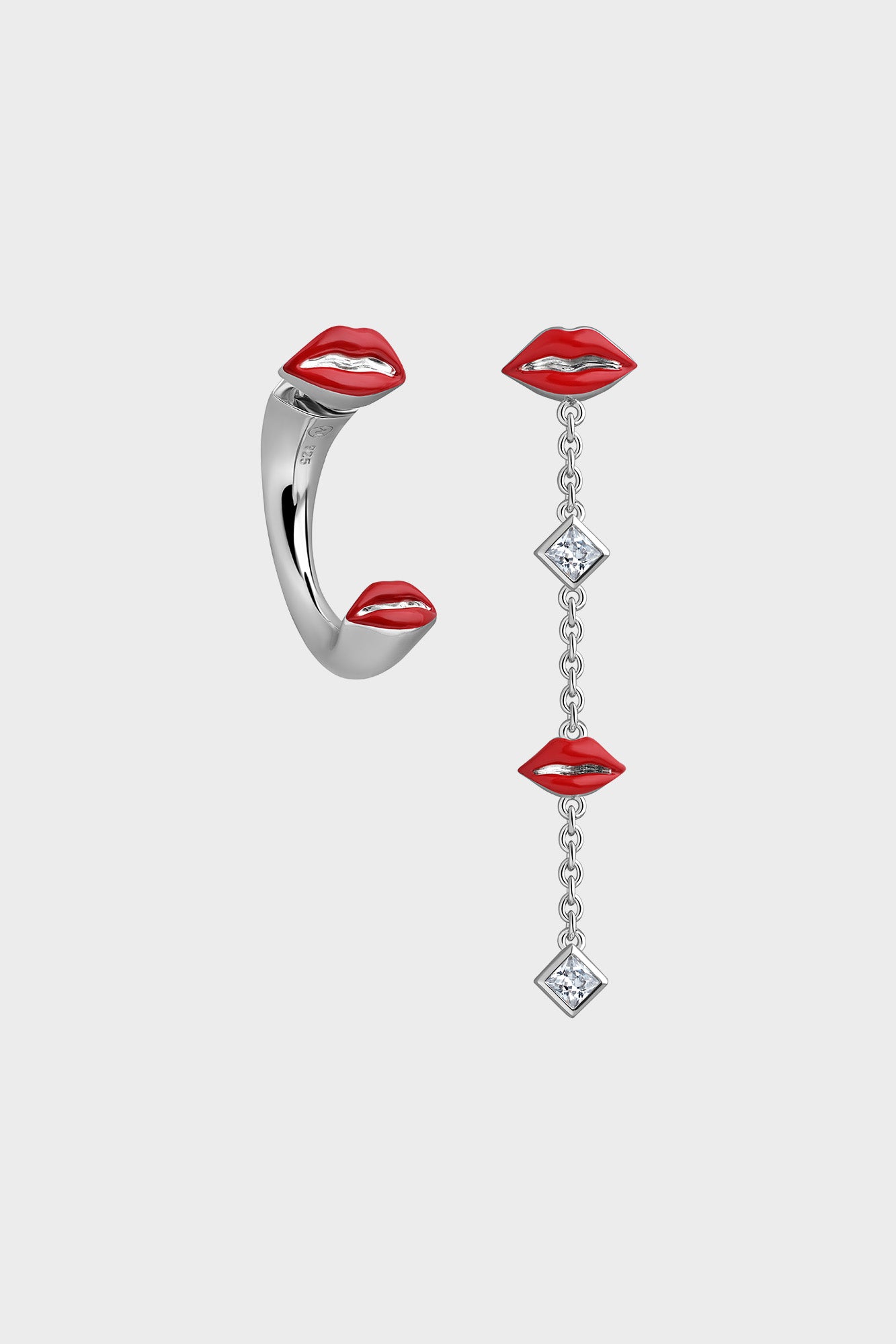 Silver Opaque Red  Asymmetrical  Kiss Earrings