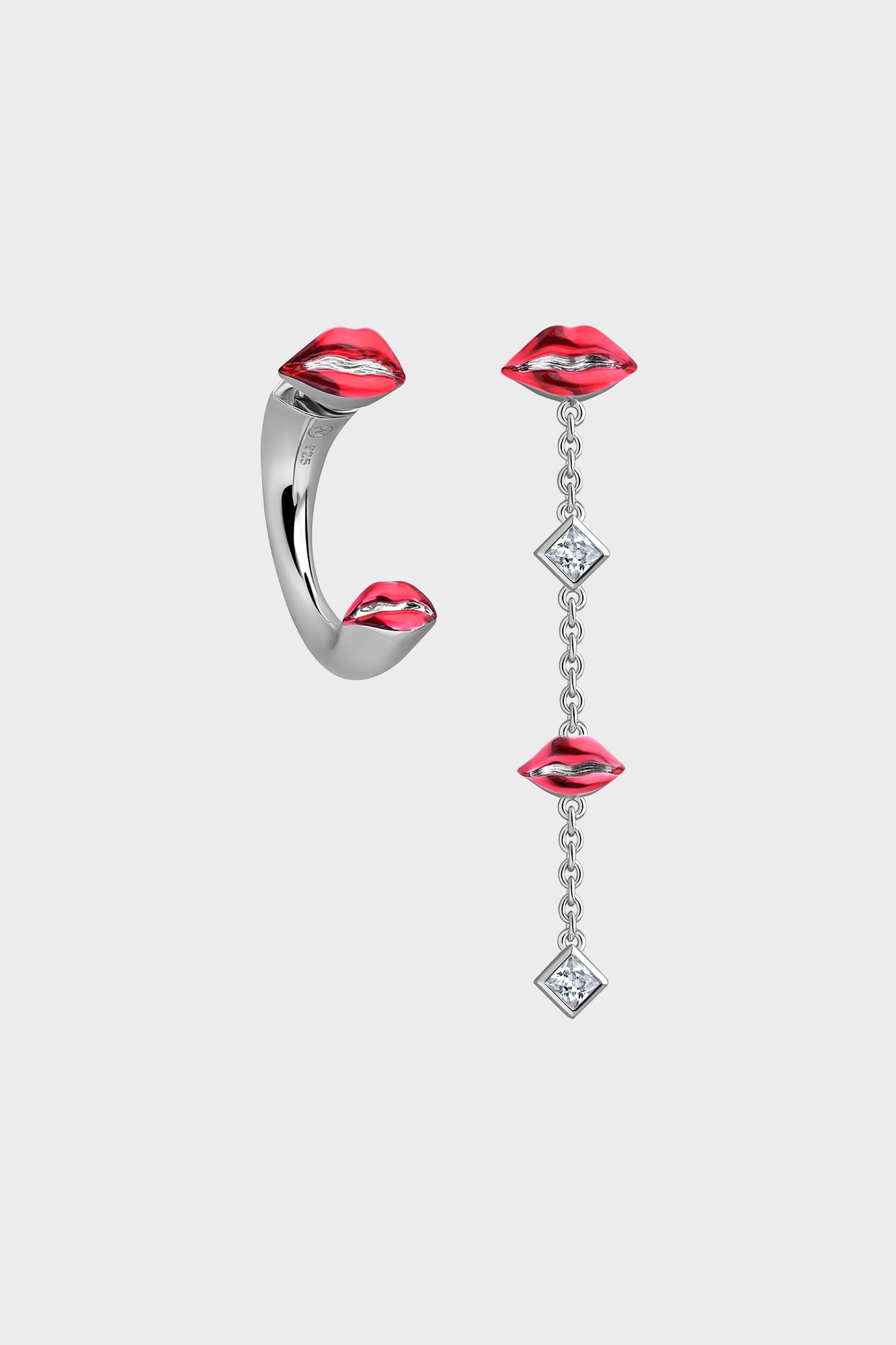 Silver Translucent Red Asymmetrical Kiss Earrings