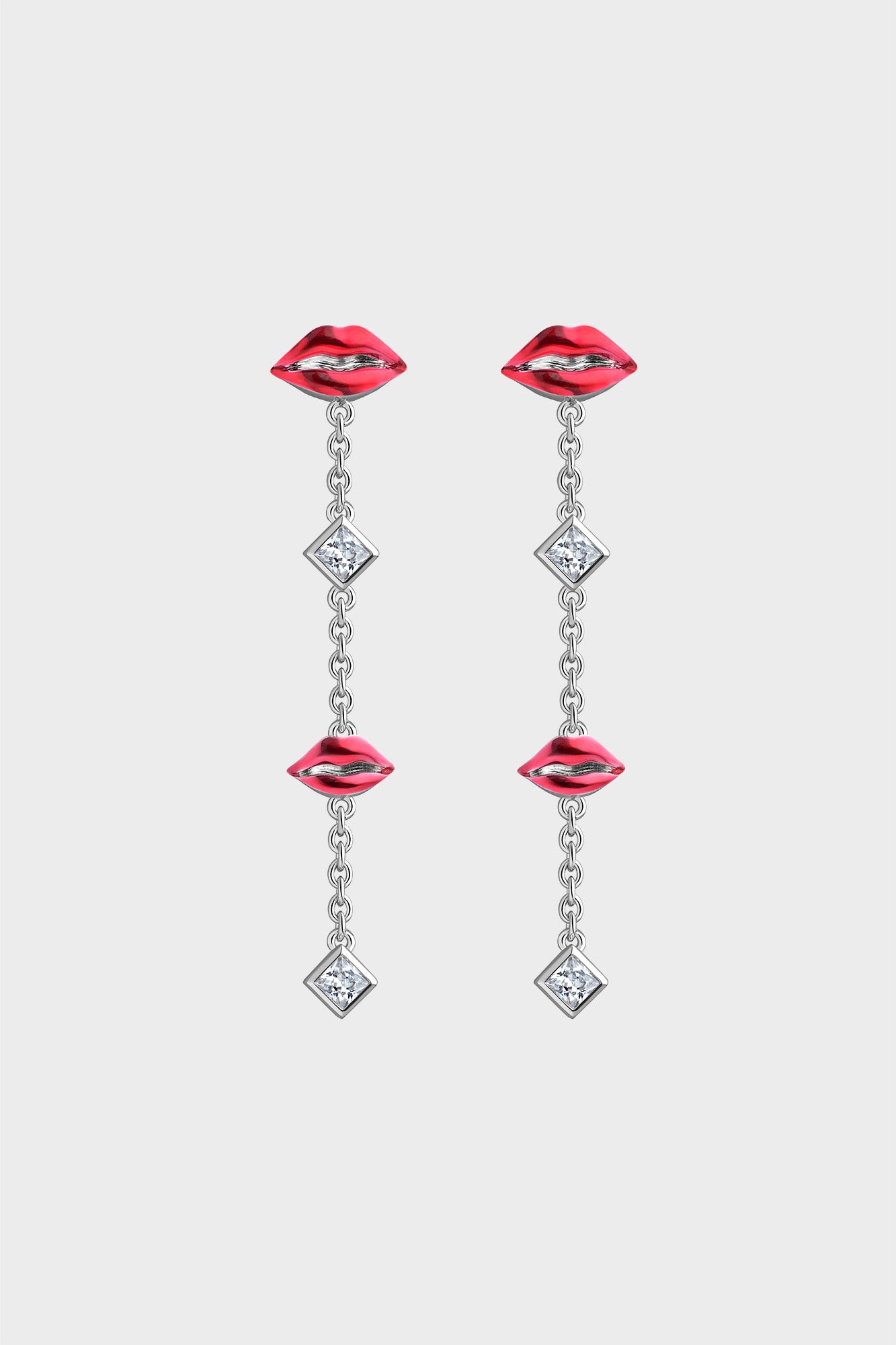 Silver Translucent Red Kiss Drop Earrings