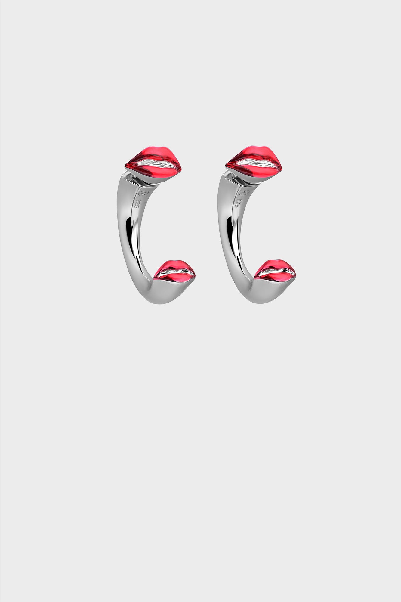 Silver Translucent Red Kiss Hoop Earrings